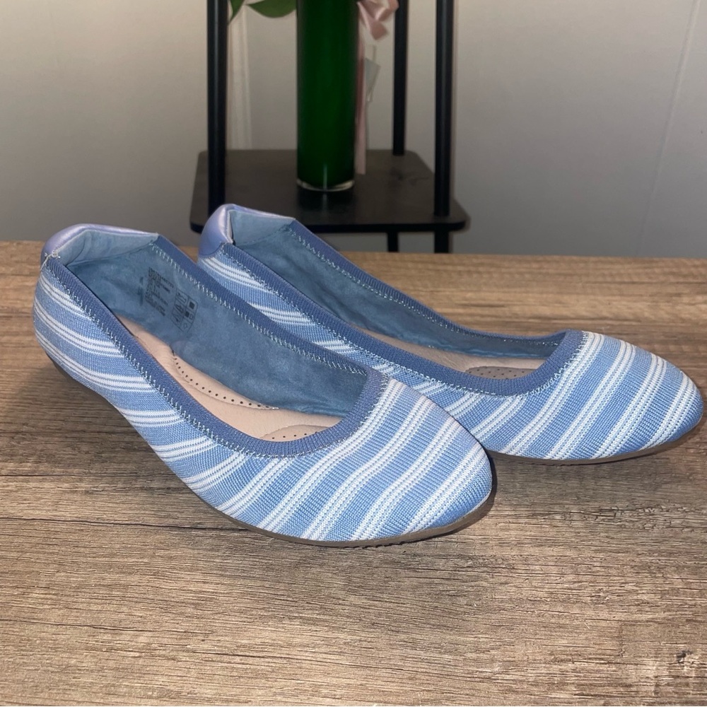 LANDS' END BLUE STRIPED CANVAS/LEATHER BALLET FLATS SIZE 10